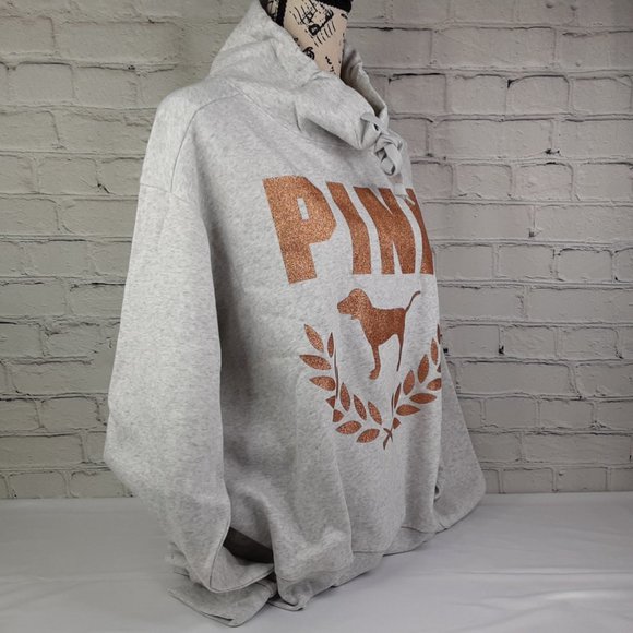 VICTORIA'S SECRET 'PINK' FLEECE  ROSE~GOLD LOGO COWL-NECK  SWEATSHIRT - Picture 2 of 14